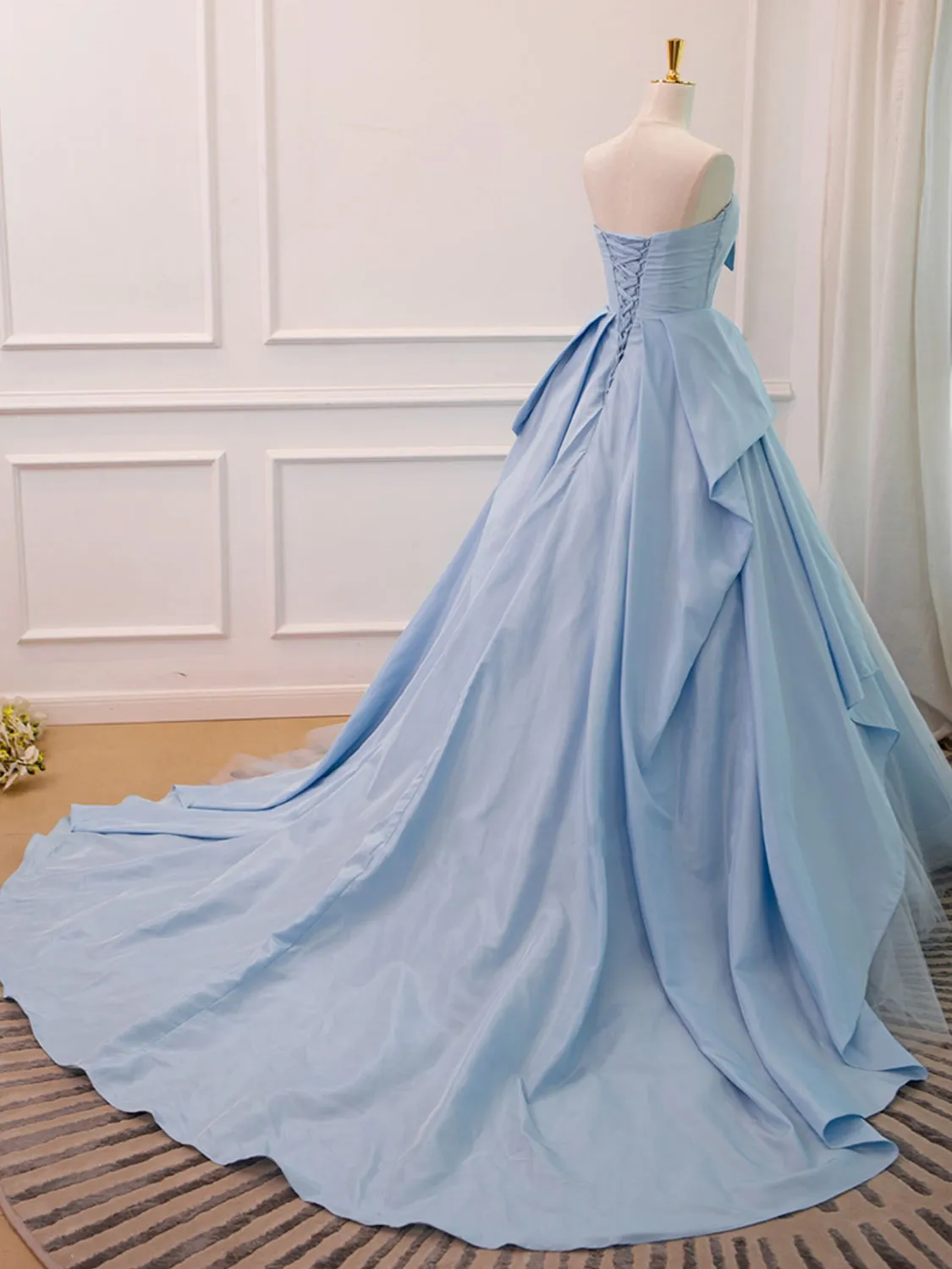 A-Line Sweetheart Neck Satin Tulle Blue Long Prom Dress, Blue Evening Dress