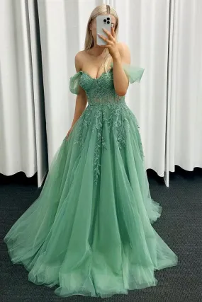 A-Line Tulle Lace Long Prom Dress, Green Off the Shoulder Evening Party Dress     fg5008