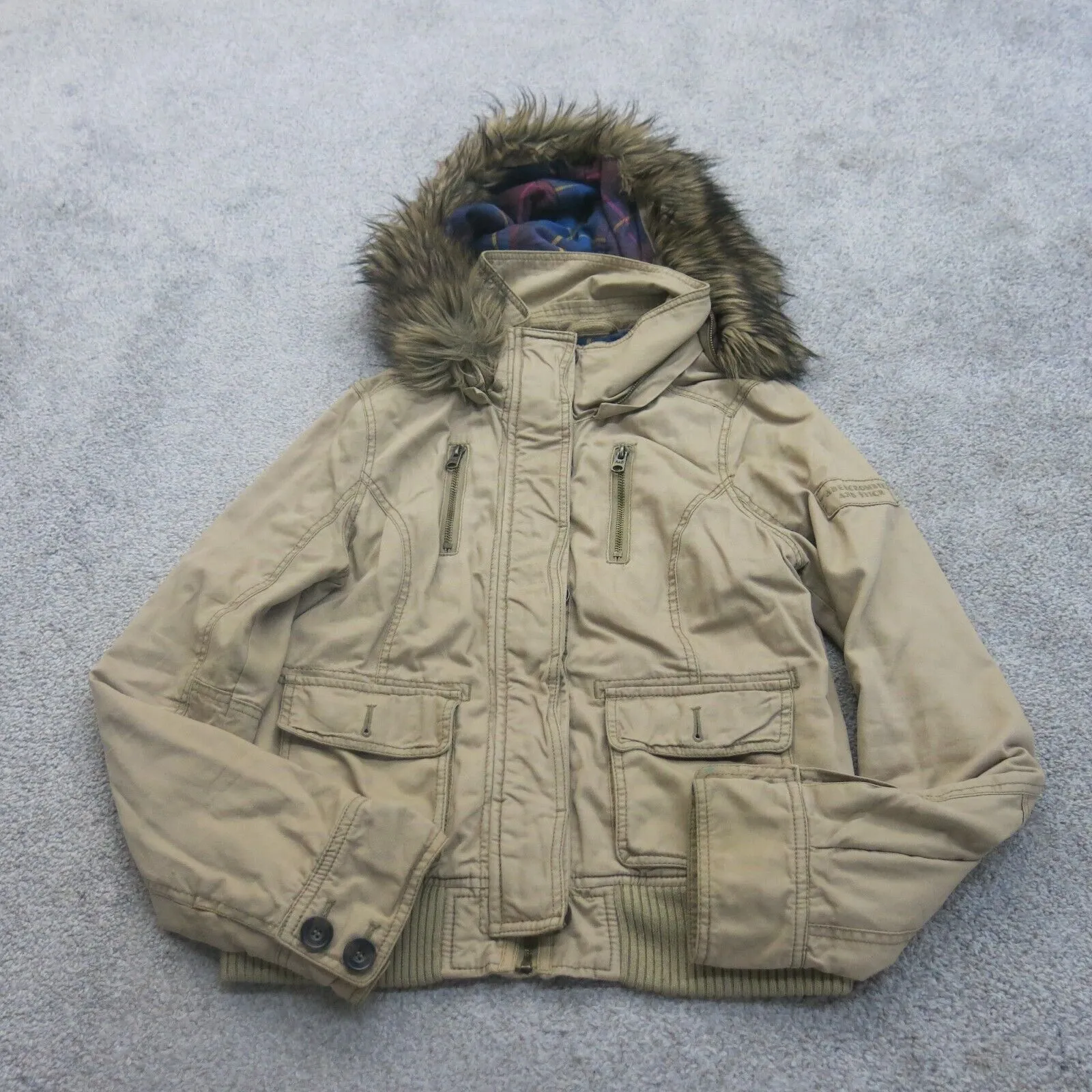 Abercrombie and Fitch Womens Canvas Hooded Coat Jacket Faux Fur Khaki Size Large