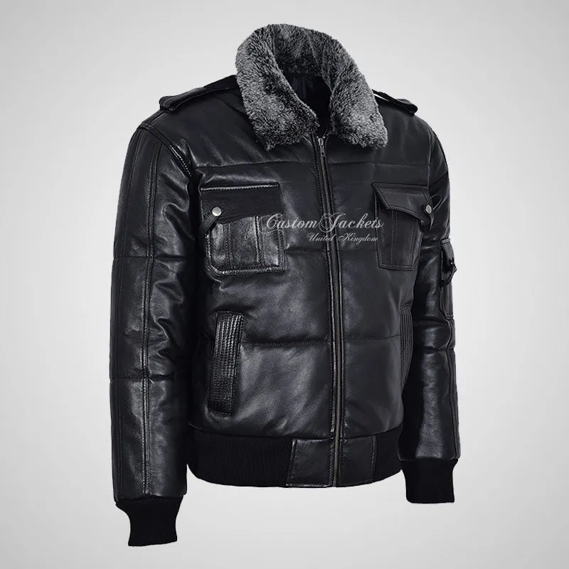 AERO Men Puffer Padded Bomber Leather Jacket with Fur Collar