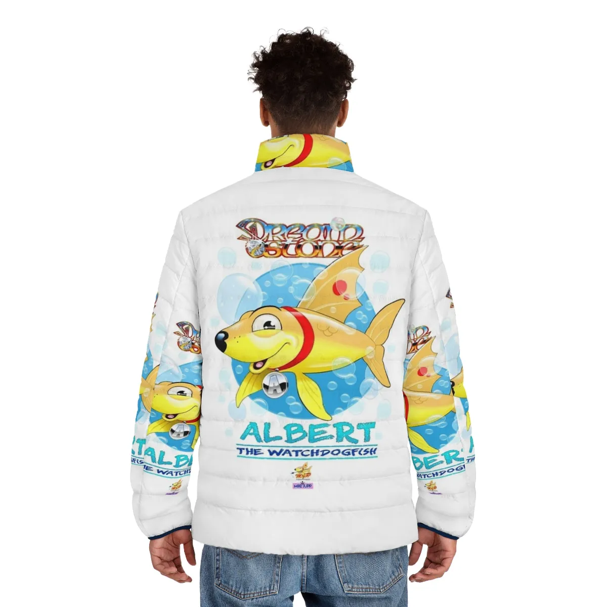 Albert the Watchdog Puffer Jacket - Vibrant Cartoon Fish Design by Mike Jupp