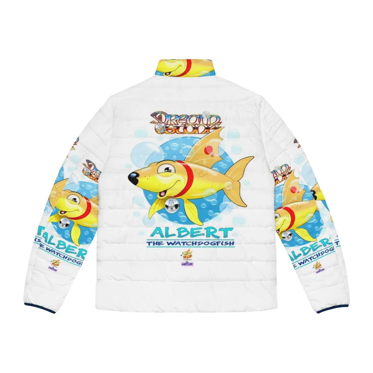 Albert the Watchdog Puffer Jacket - Vibrant Cartoon Fish Design by Mike Jupp