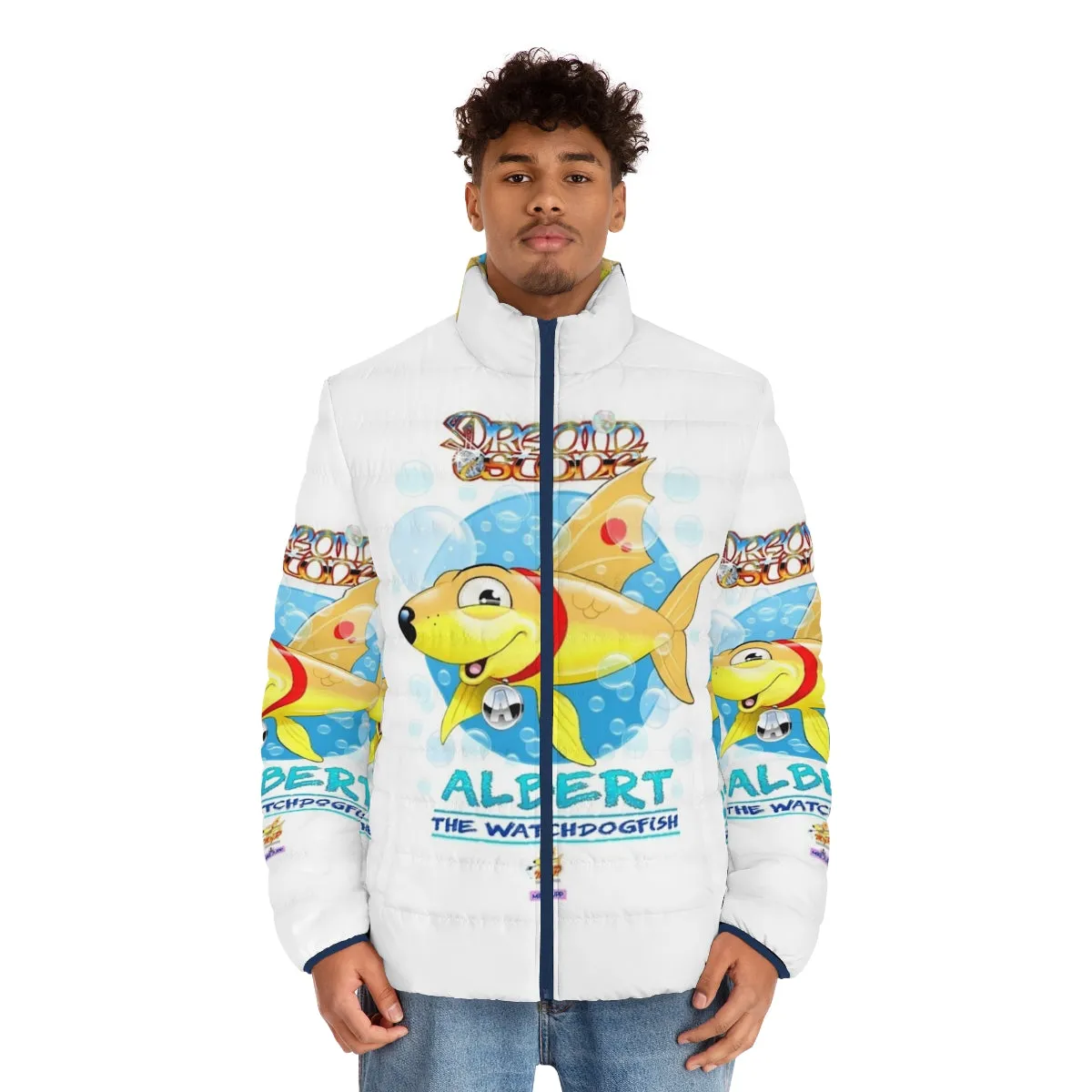 Albert the Watchdog Puffer Jacket - Vibrant Cartoon Fish Design by Mike Jupp