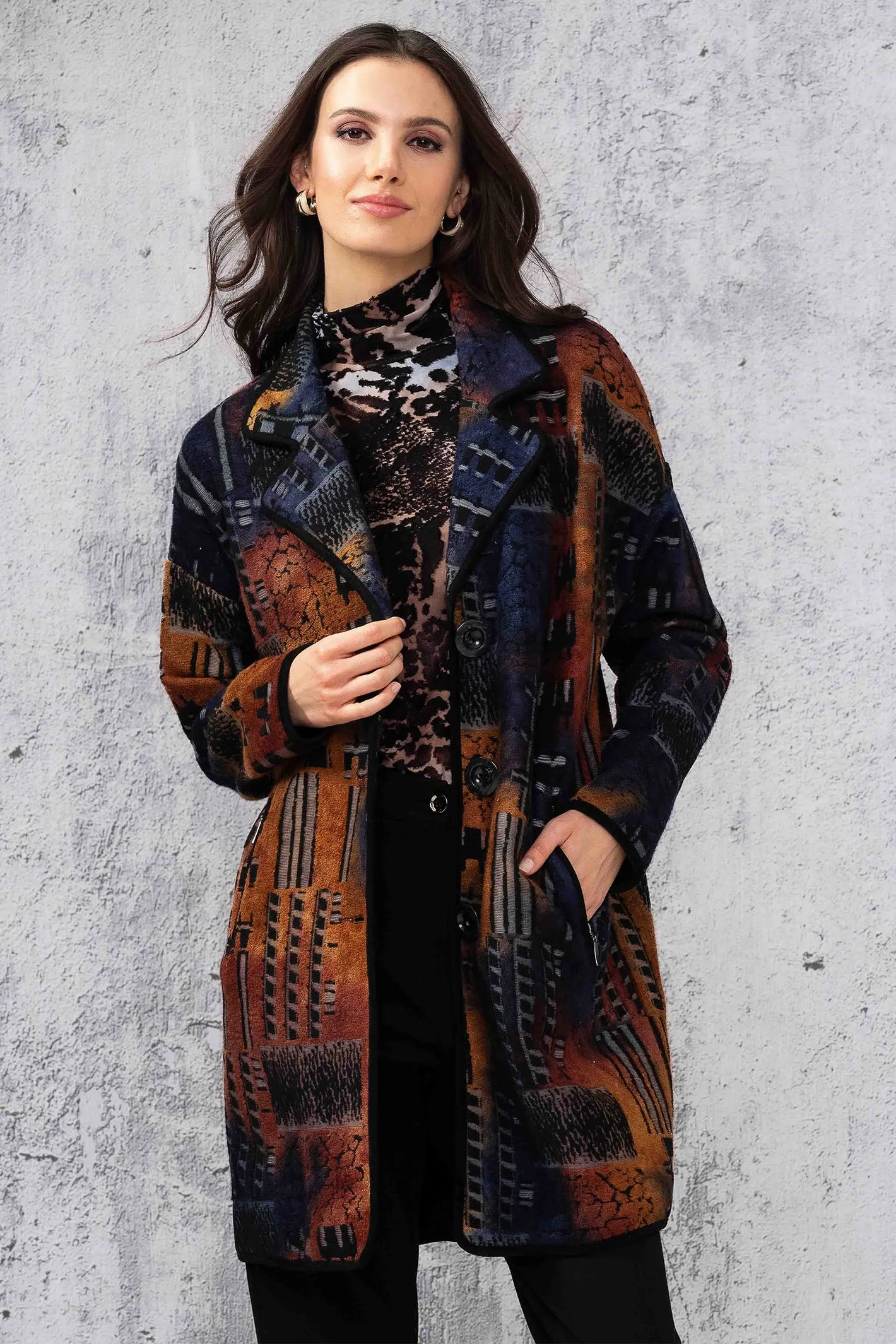 Alison Sheri 44258 Bronze Print Lapel Coat