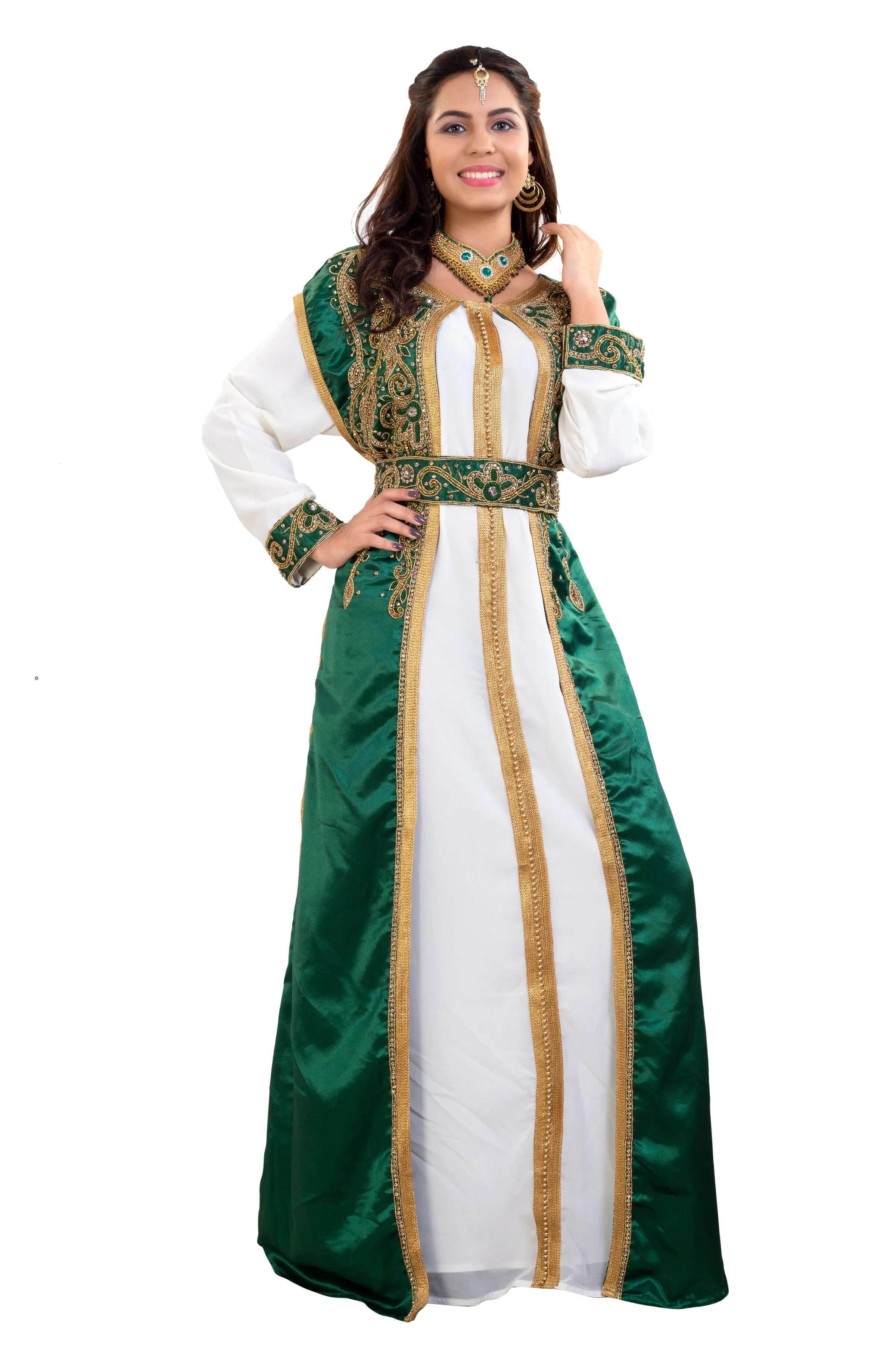 Arabian Gown in Emerald Green 3 piece Satin Niqah Dress