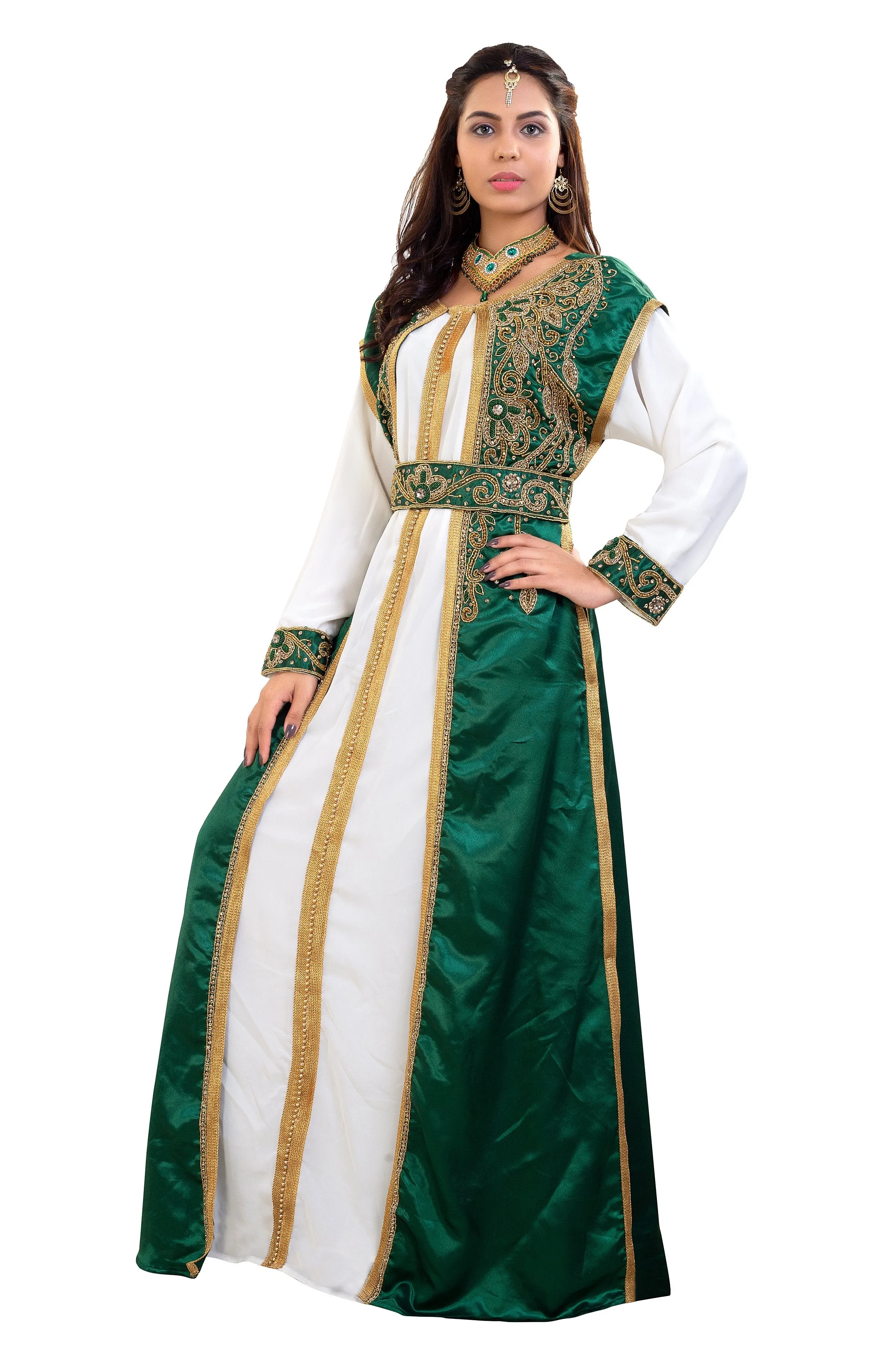 Arabian Gown in Emerald Green 3 piece Satin Niqah Dress