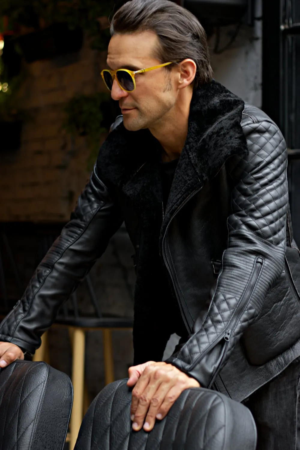 ASPEN Natural Shearling Winter Jacket in Black Sheepskin & Black Leather