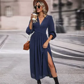 Autumn New Long Sleeve Solid Color Midi Dress