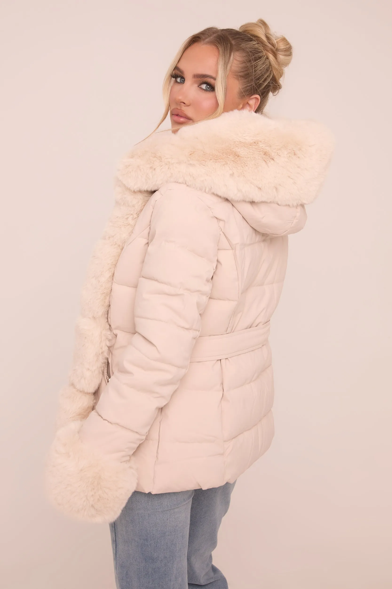 Beige Faux Fur Trim Hooded Puffer Jacket - Betty