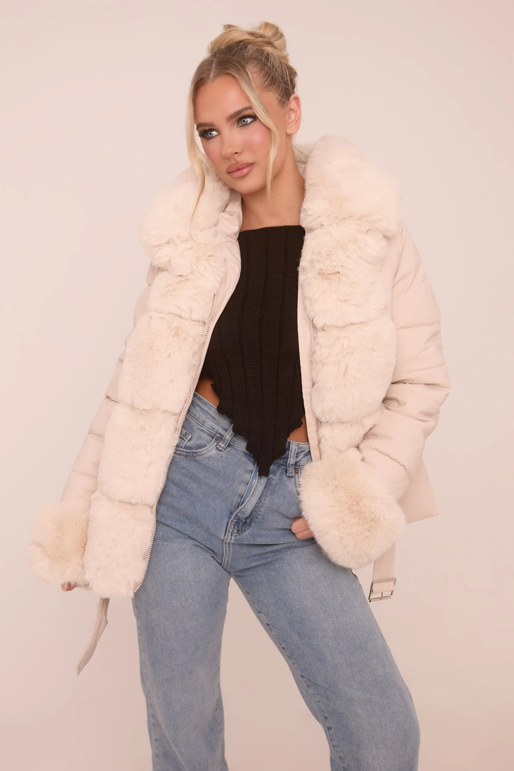 Beige Faux Fur Trim Hooded Puffer Jacket - Betty