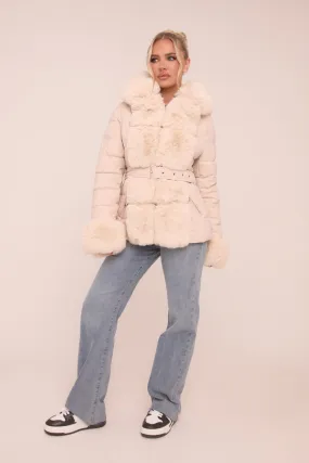 Beige Faux Fur Trim Hooded Puffer Jacket - Betty