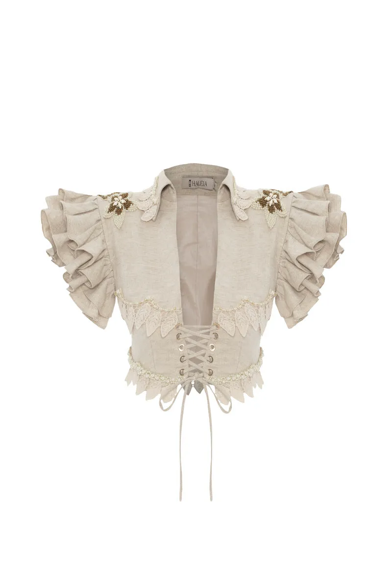 BEIGE HANDMADE LACE DETAILED RUFFLED LINEN JACKET