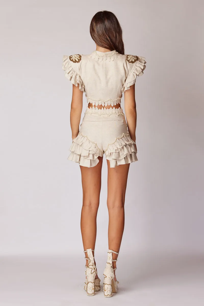 BEIGE HANDMADE LACE DETAILED RUFFLED LINEN JACKET