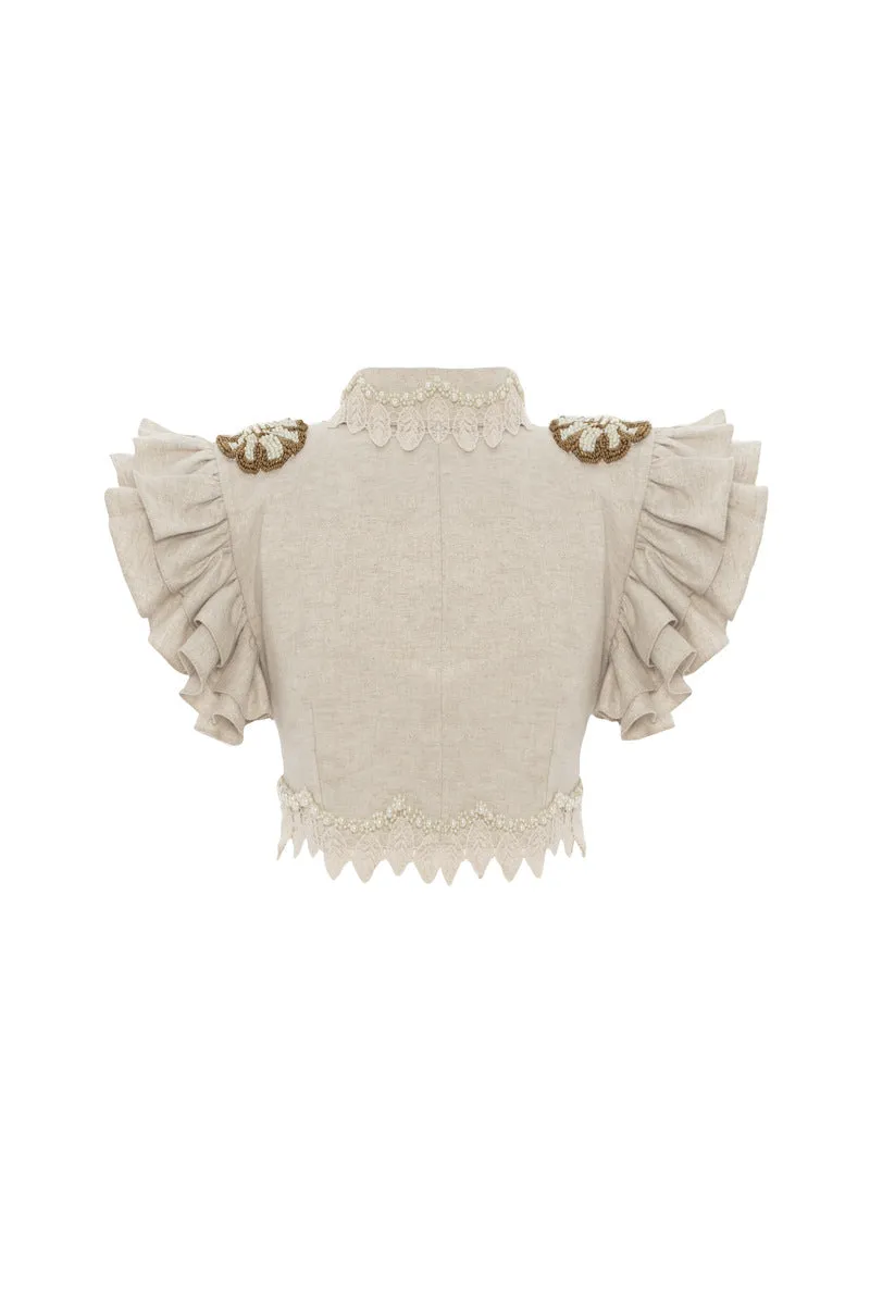 BEIGE HANDMADE LACE DETAILED RUFFLED LINEN JACKET