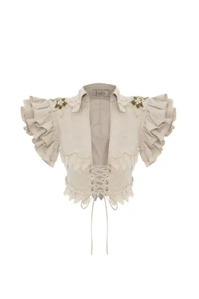 BEIGE HANDMADE LACE DETAILED RUFFLED LINEN JACKET