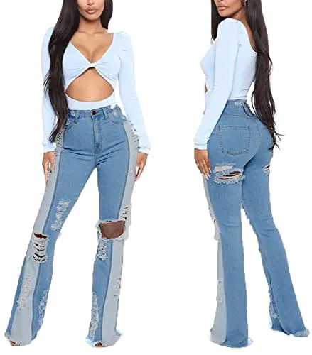 Bell Bottom Jeans for Women High Waist Ripped Hole Classic Denim Flare Pants Medium