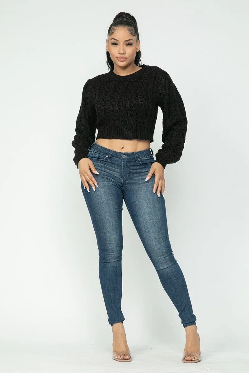 Black Cropped Long Sleeve Cable Pullover Sweater Top_