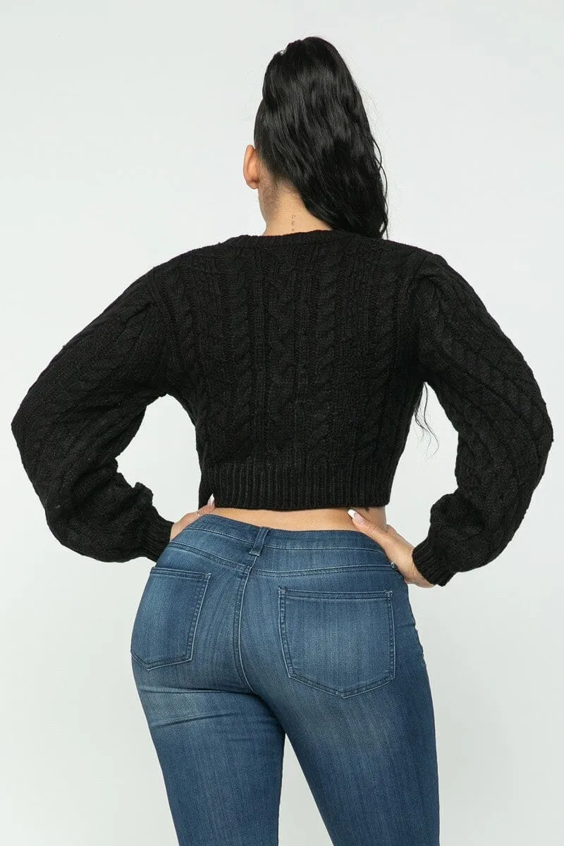 Black Cropped Long Sleeve Cable Pullover Sweater Top_