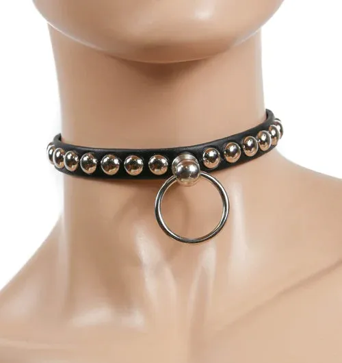 Black Leather Collar w/ Silver O Ring and Round Stud Details