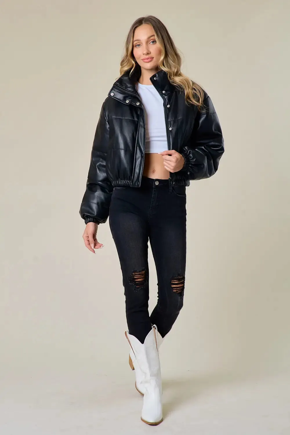 Black Leather Puffer Jacket