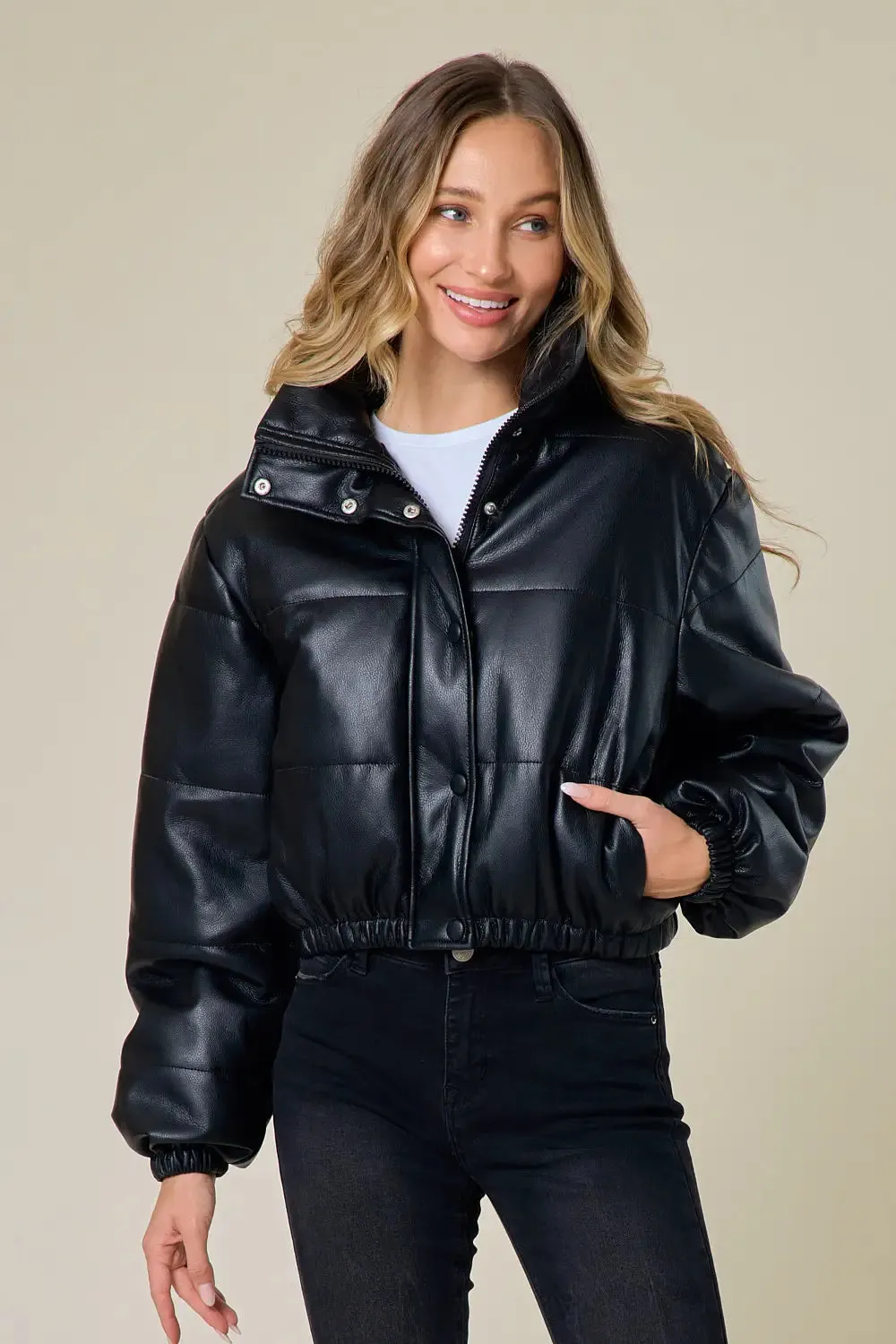 Black Leather Puffer Jacket