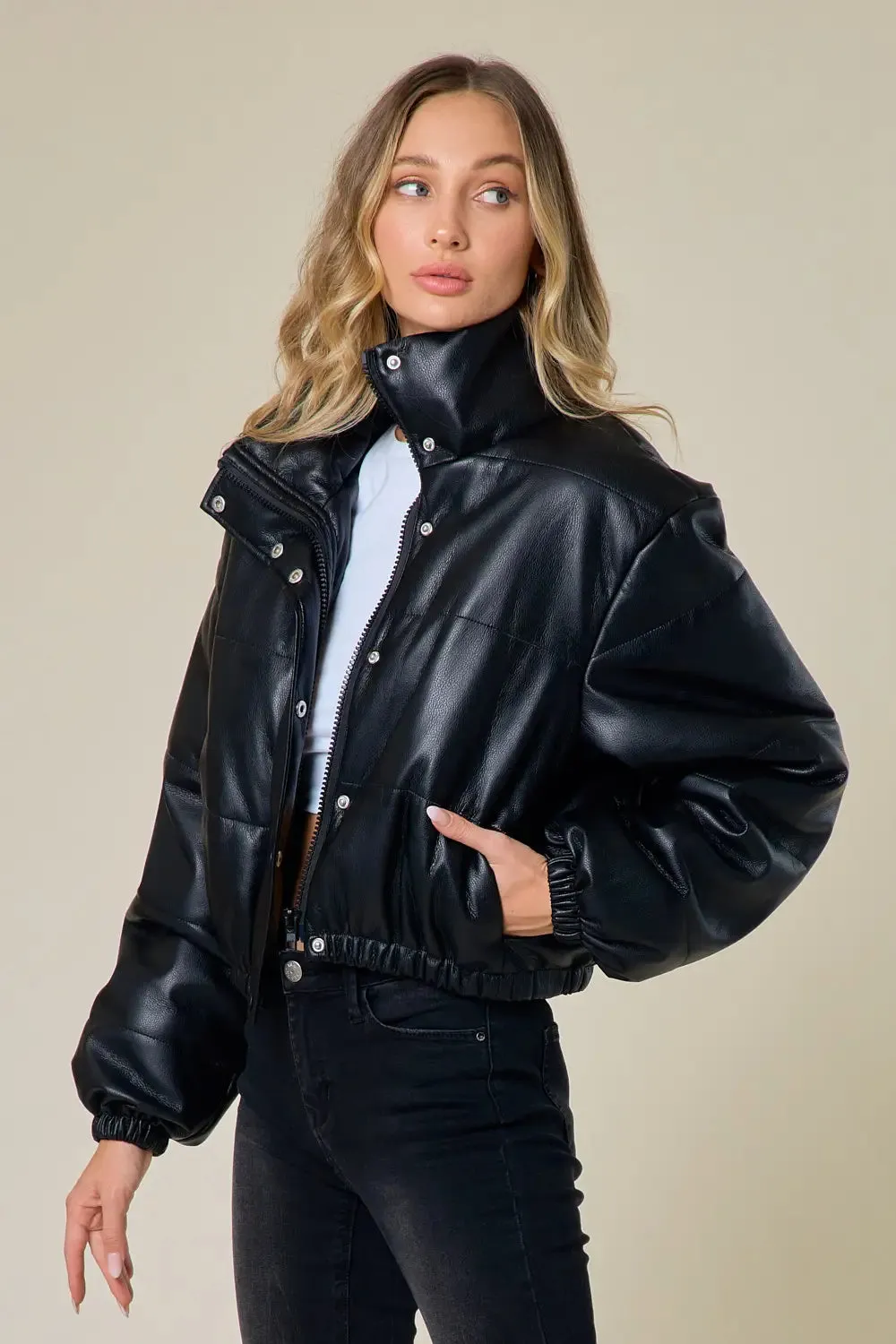 Black Leather Puffer Jacket