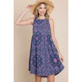 Blue and Pink Floral Paisley Babydoll Dress