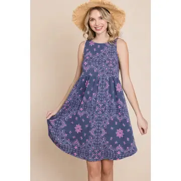 Blue and Pink Floral Paisley Babydoll Dress