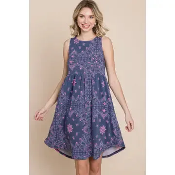 Blue and Pink Floral Paisley Babydoll Dress