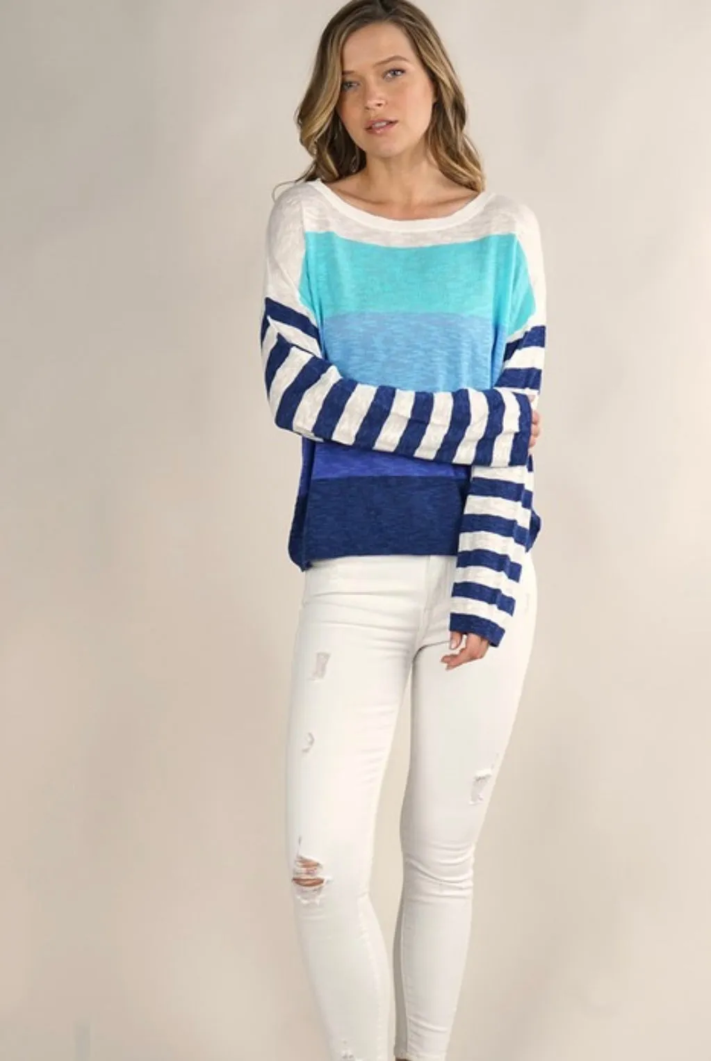 Blues & White Stripe Lightweight Sweater Top by Lovestitch