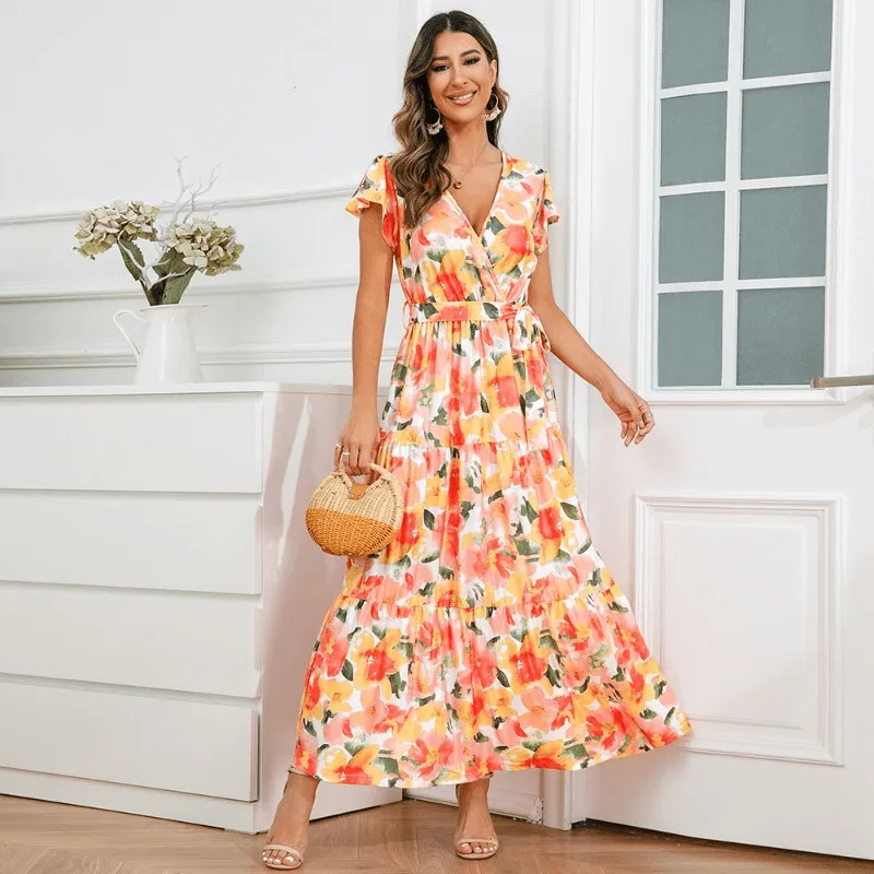 Boho-Chic V-neck Printed Lotus-Flower Hem Long Dress