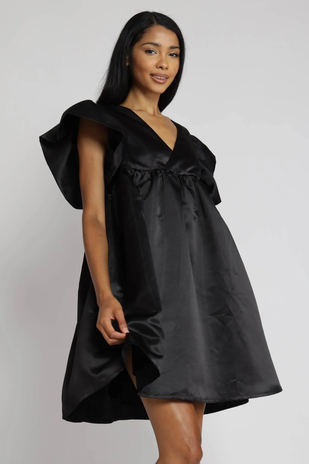 Brinley Satin Ruffle Sleeve Babydoll Dress