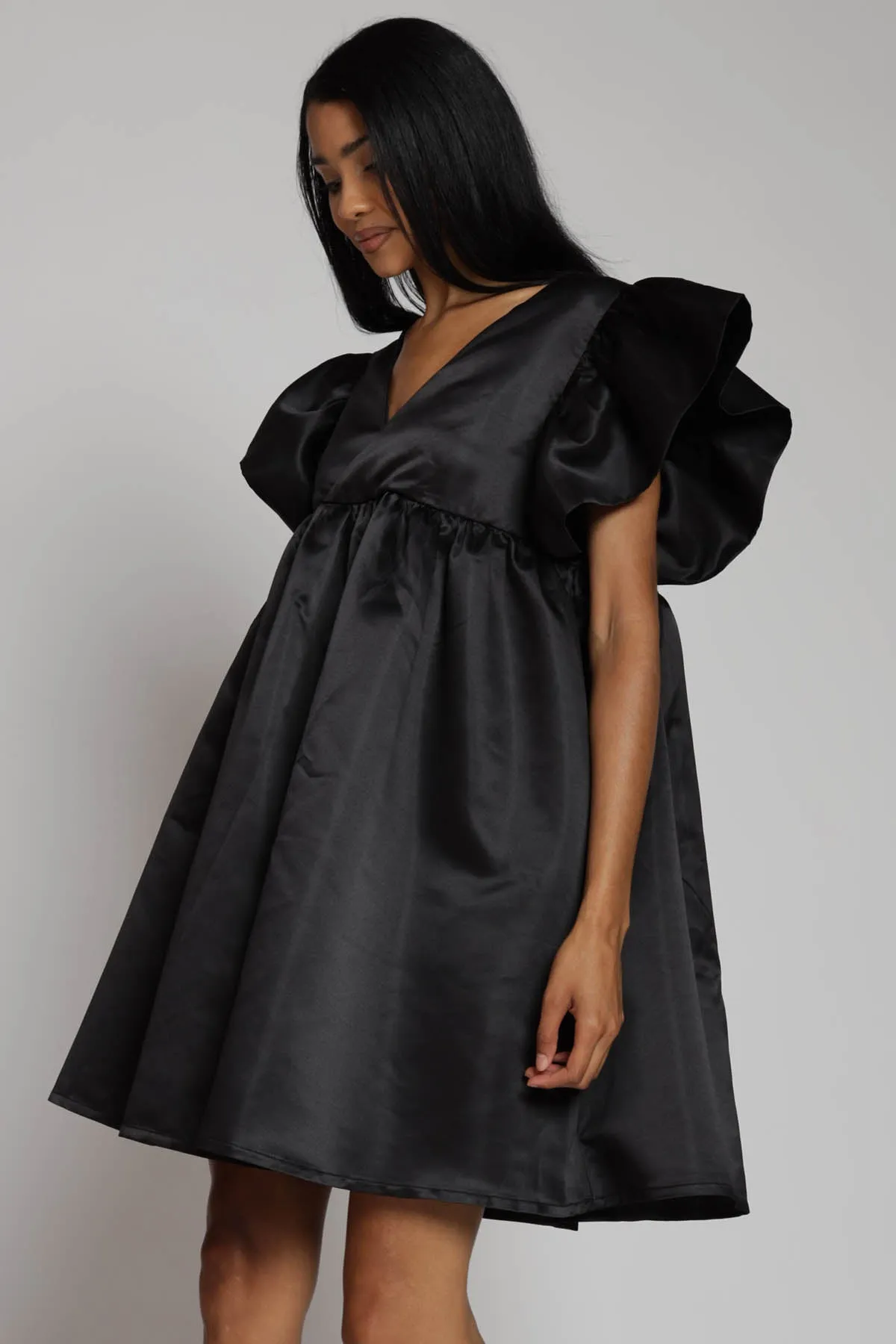 Brinley Satin Ruffle Sleeve Babydoll Dress