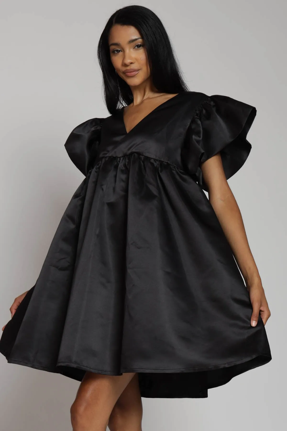 Brinley Satin Ruffle Sleeve Babydoll Dress