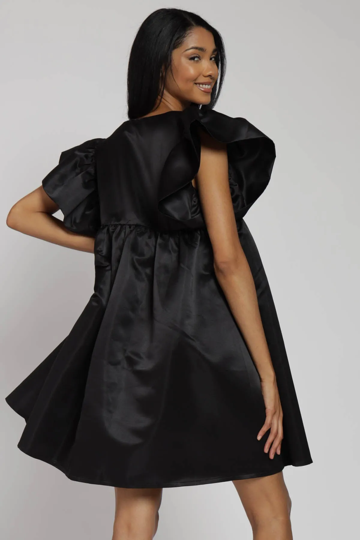 Brinley Satin Ruffle Sleeve Babydoll Dress