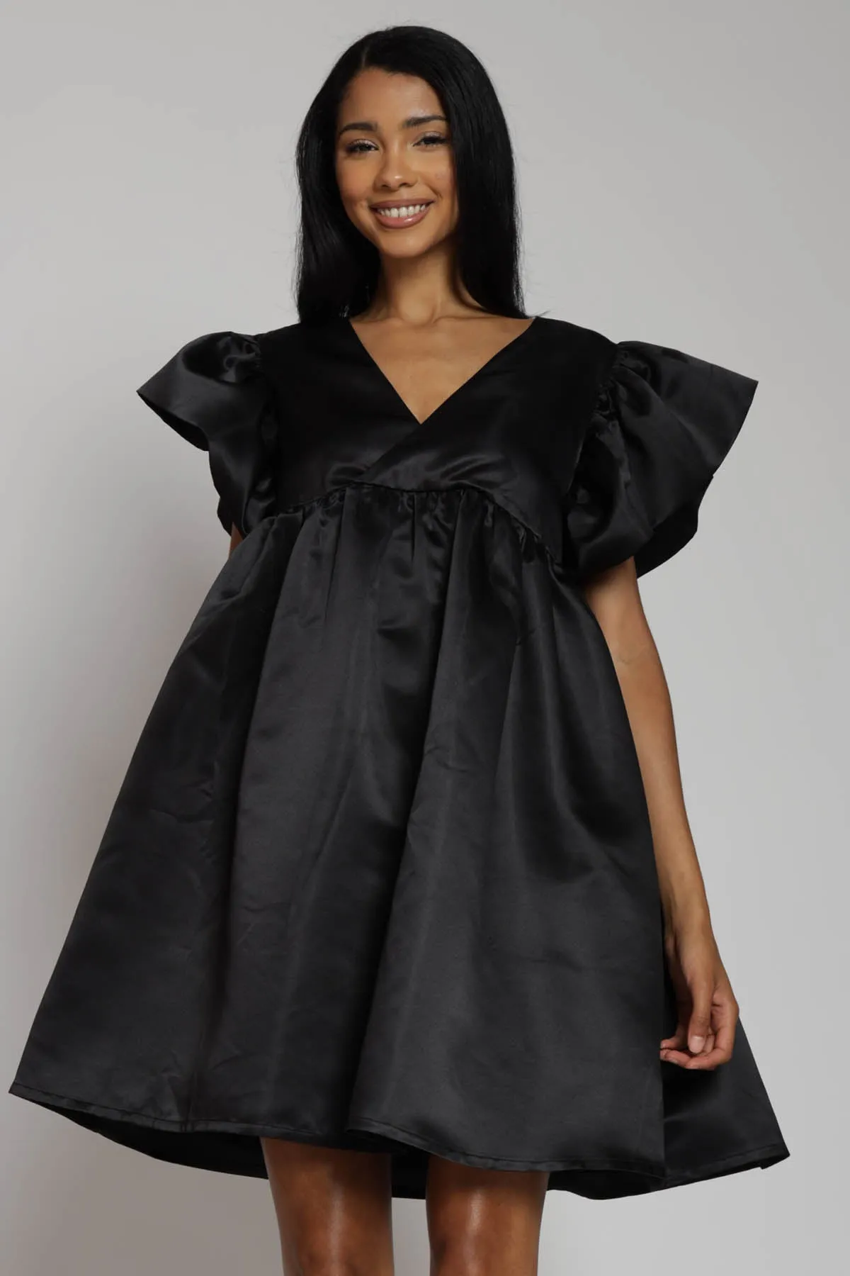 Brinley Satin Ruffle Sleeve Babydoll Dress