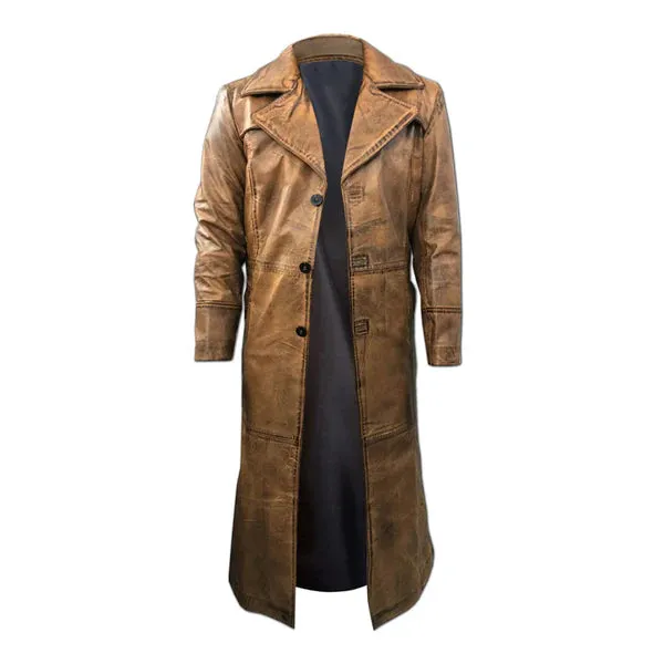 Brown Distressed Vintage Below Knee Long Leather Coat