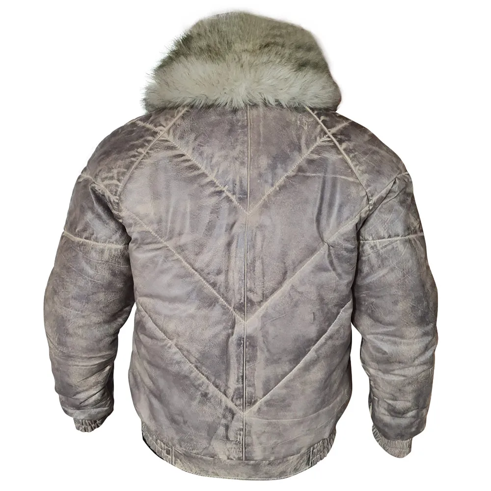 Casper's V-Bomber style Puffer Winter Leather Jacket with White Fox fur collar