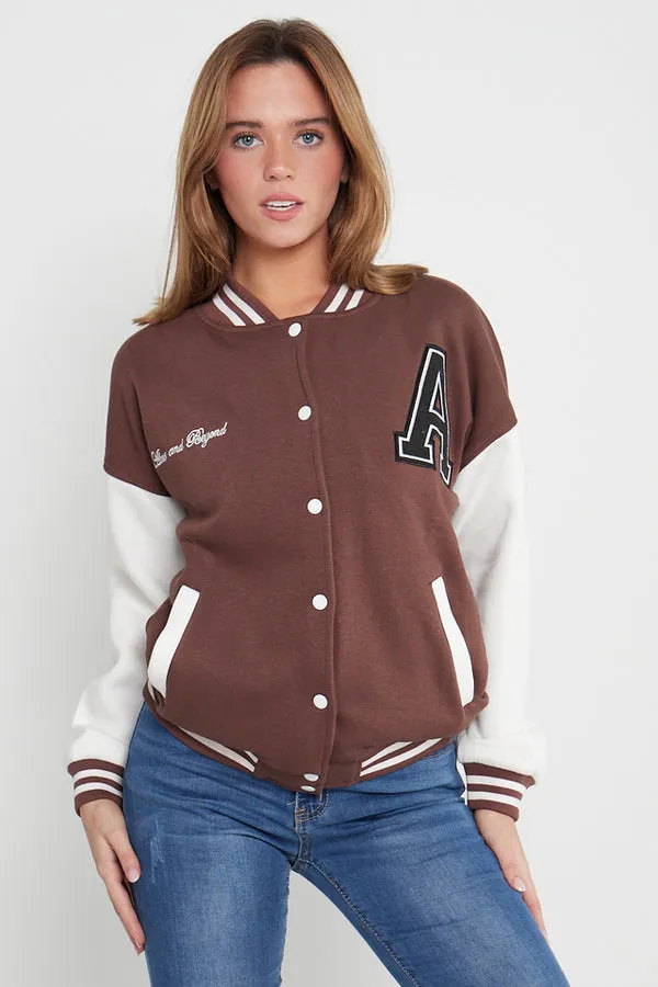 CHOCOLATE CONTRAST SLEEVE LETTER A UNISEX VARSITY JACKET