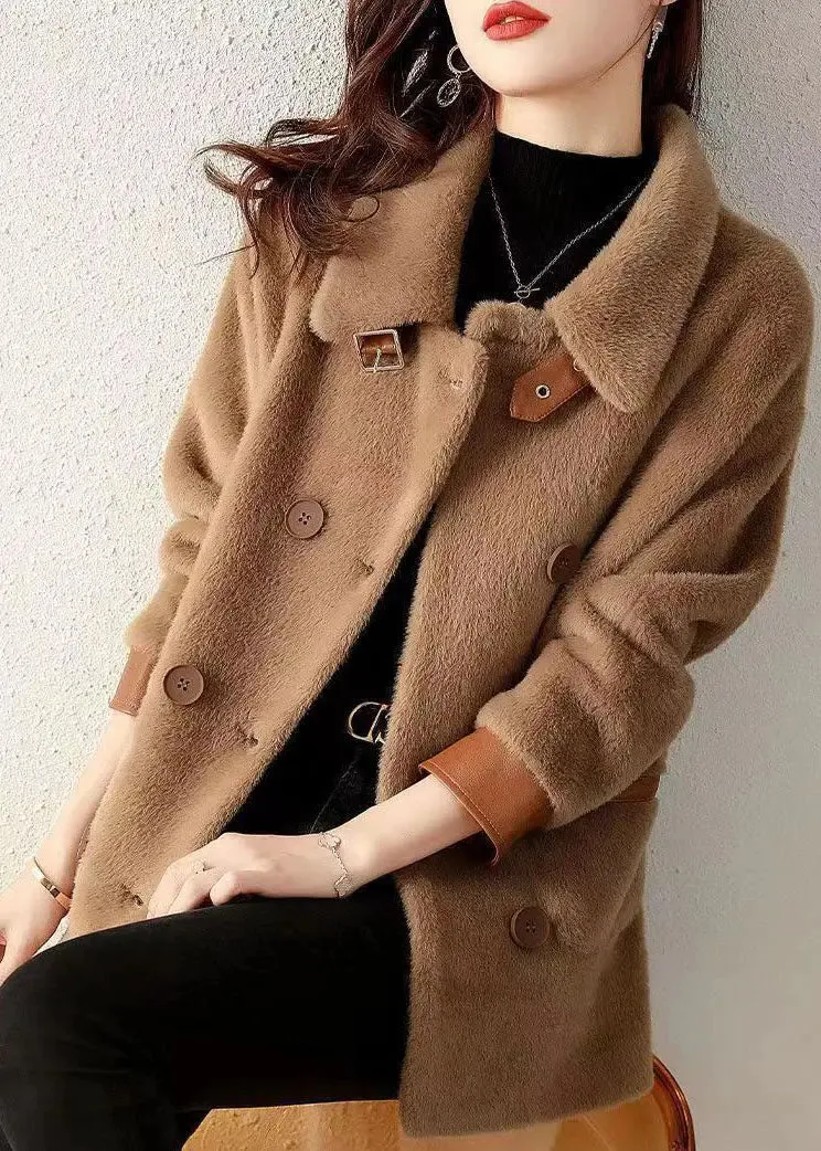 Coffee Pockets Patchwork Faux Fur Coat Peter Pan Collar Button Fall LY8326