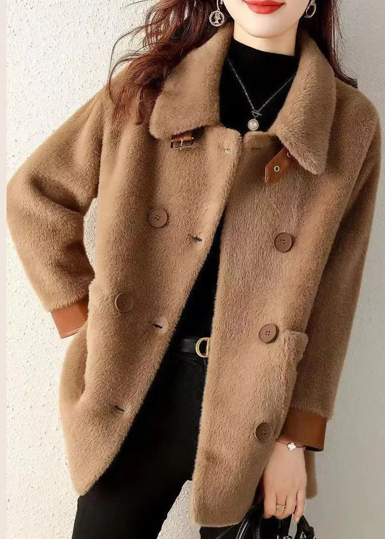 Coffee Pockets Patchwork Faux Fur Coat Peter Pan Collar Button Fall LY8326