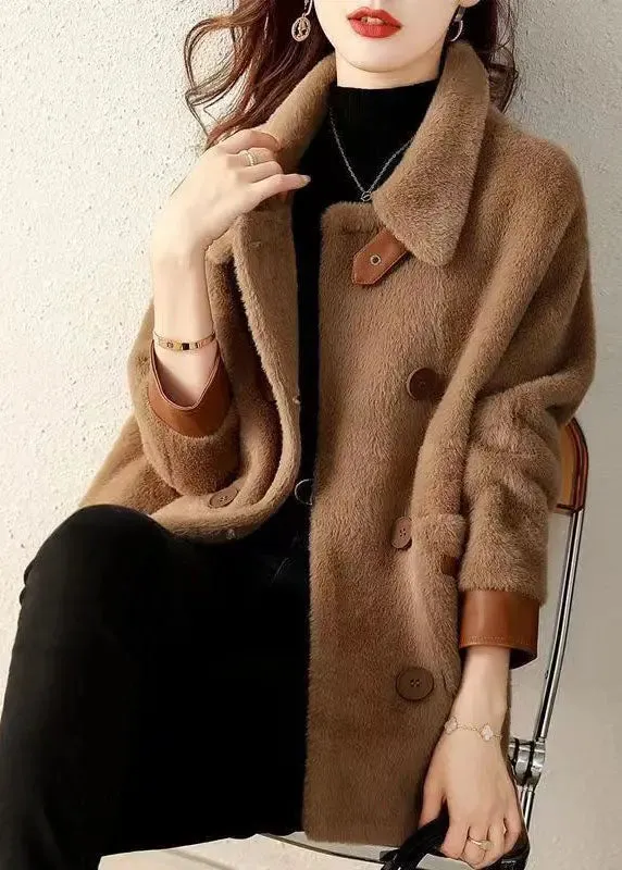 Coffee Pockets Patchwork Faux Fur Coat Peter Pan Collar Button Fall LY8326