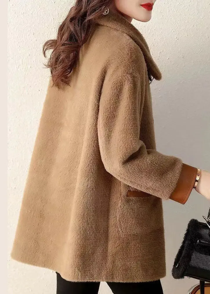 Coffee Pockets Patchwork Faux Fur Coat Peter Pan Collar Button Fall LY8326