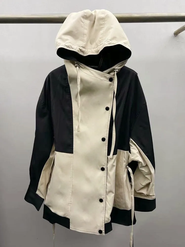 Colorblock Patchwork Zipper Drawstring Casual Trenches For Women Hooded Long Sleeve Temperament Trench Female