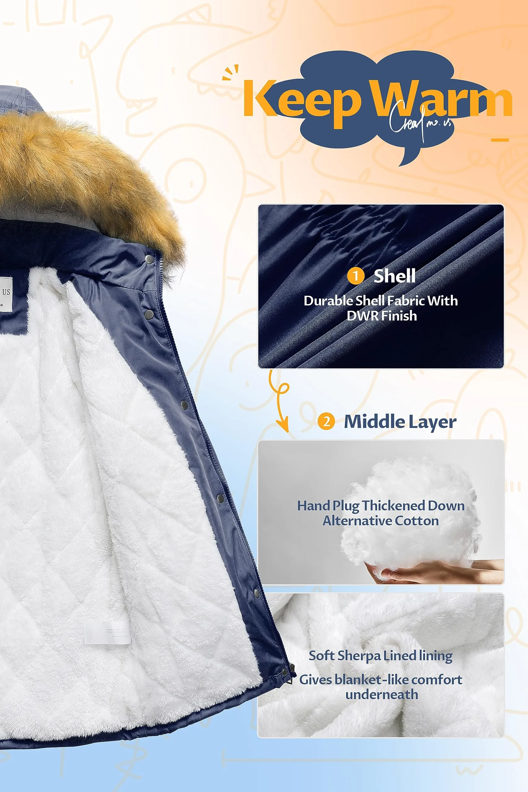 CREATMO US Girl's Long Puffer Coat Safe Lightweight Snow Outwear Jackets Sherpa Warm Teenager Coats For Girls With Removable Hood Navy Blue 14-16