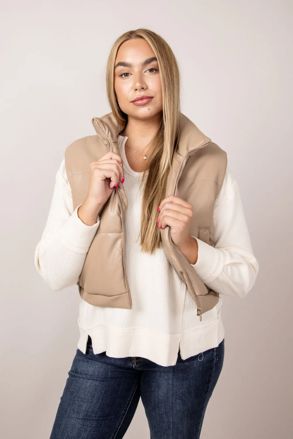 Cropped Faux Leather Puffer Vest for Women in Taupe | 53977-TAUPE