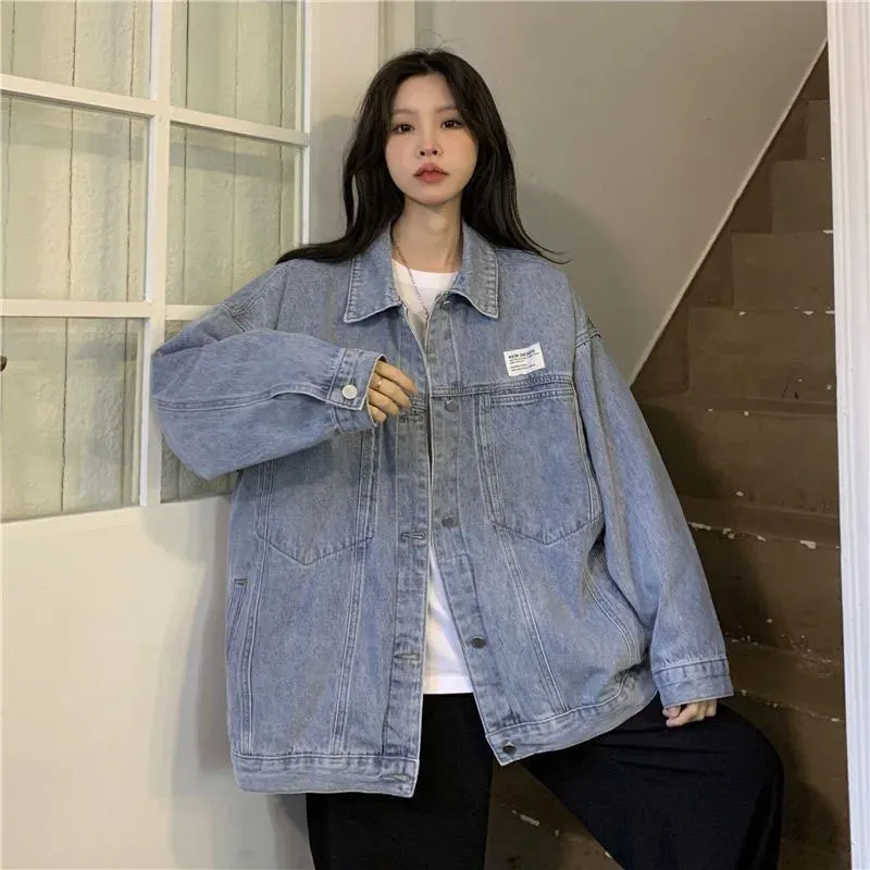 Denim Blue Turn-Down Collar Loose Oversize Coat Washed Jackets