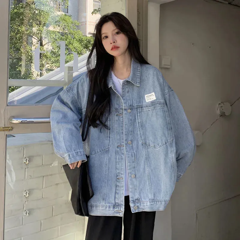 Denim Blue Turn-Down Collar Loose Oversize Coat Washed Jackets