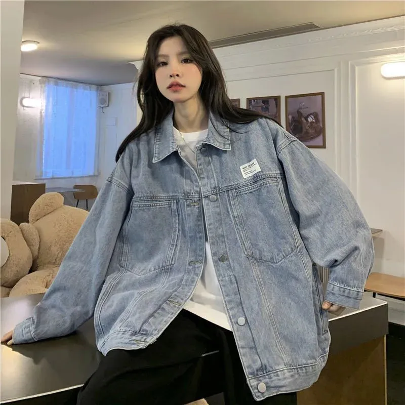 Denim Blue Turn-Down Collar Loose Oversize Coat Washed Jackets