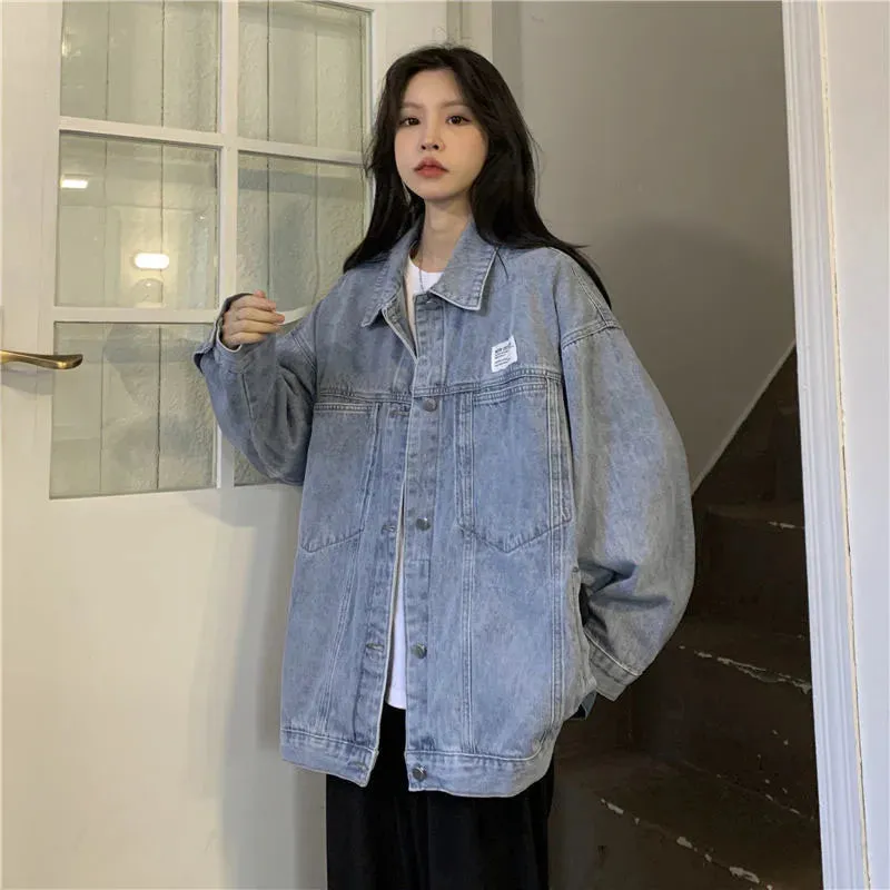 Denim Blue Turn-Down Collar Loose Oversize Coat Washed Jackets